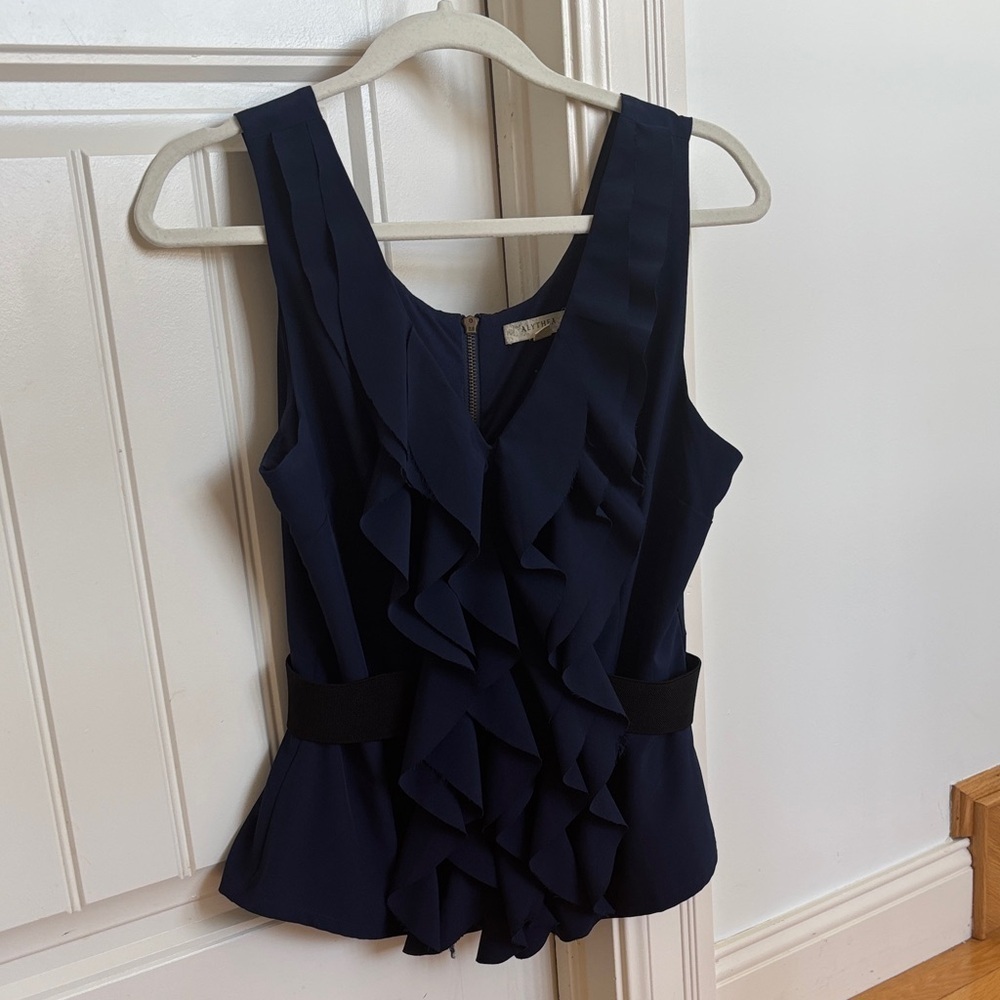 Navy Ruffle Sleeveless Blouse
